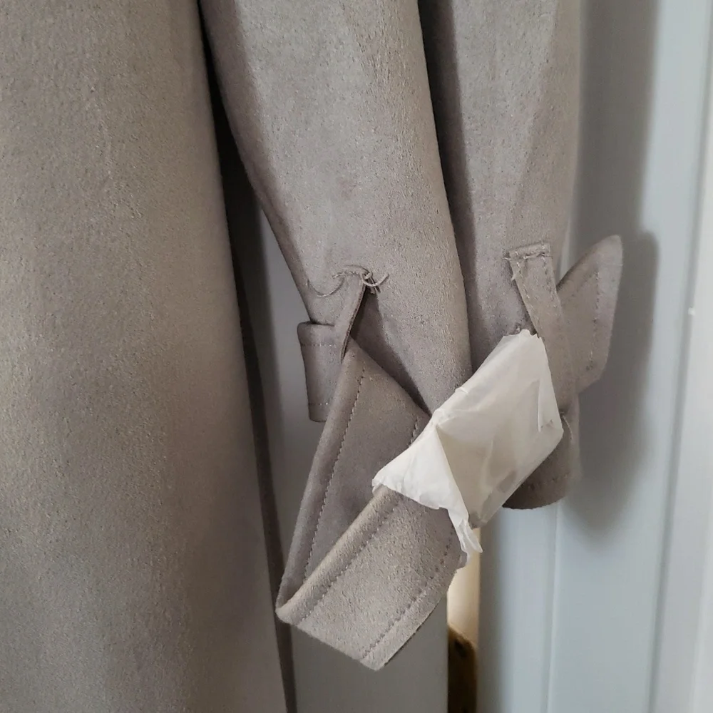 T Tahari Plus Size Mel Faux Suede Classic Trench Coat Light Taupe - Picture 9 of 15